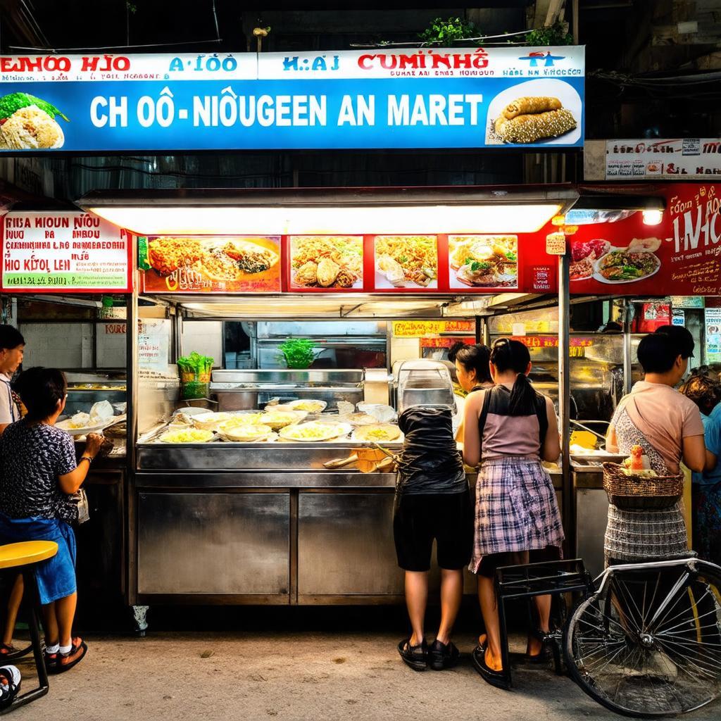 Một góc khu ẩm thực hoặc quầy hàng ăn vặt tại chợ Nguyễn An Ninh hấp dẫn người mua với món ăn truyền thống